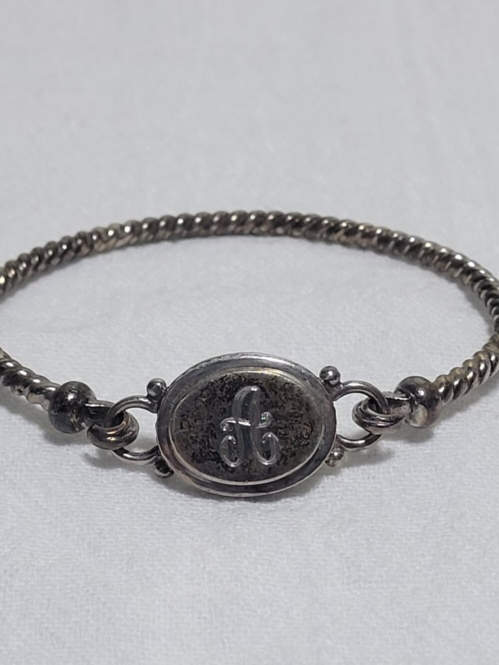Sterling Silver Twisted Rope Hook Bangle Bracelet w/ Script “A” Monogram Plate